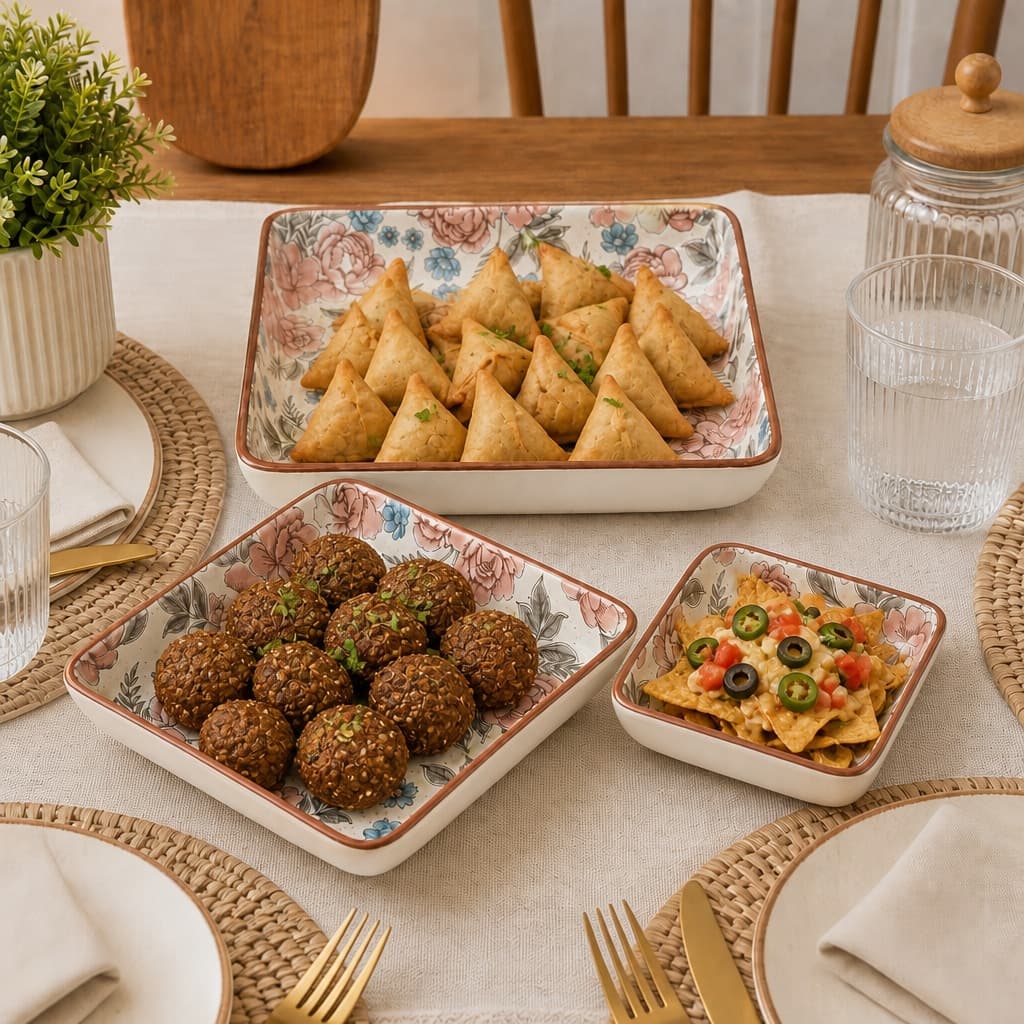 Anaya Ceramic Square Snack Serving Plates – Floral Print, Set Of 3 (13/17/23 Cm)