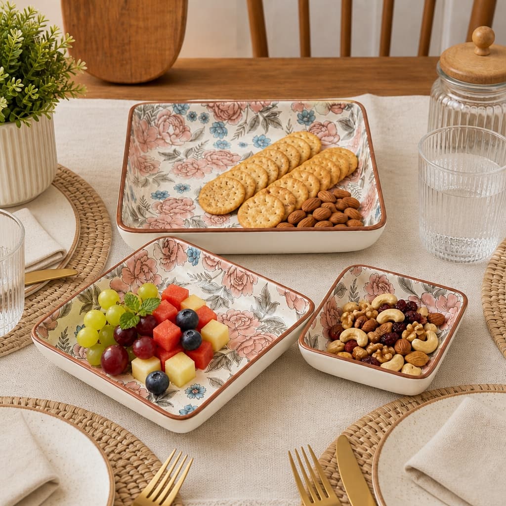 Anaya Ceramic Square Snack Serving Plates – Floral Print, Set Of 3 (13/17/23 Cm)