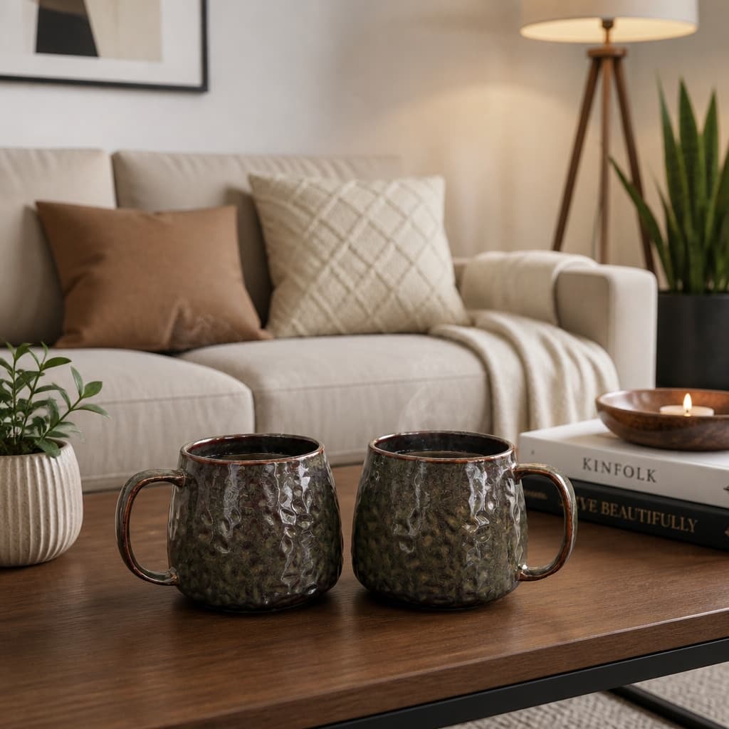 Vyoma Ceramic Coffee Mug Set – Earthy Bronze Textured Glaze, Set Of 2 (300ml Each)