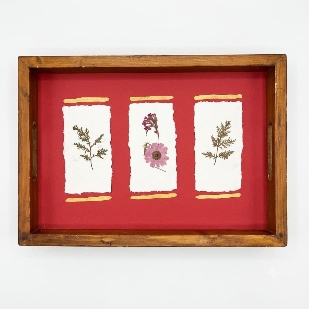 Prakriti Real Dried Flower And Leaf Serving Tray – A4 Teak Botanical Panel (8.5x12 Inches)