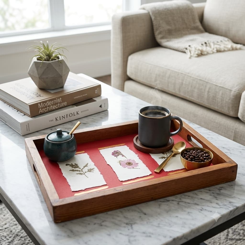 Prakriti Real Dried Flower And Leaf Serving Tray – A4 Teak Botanical Panel (8.5x12 Inches)