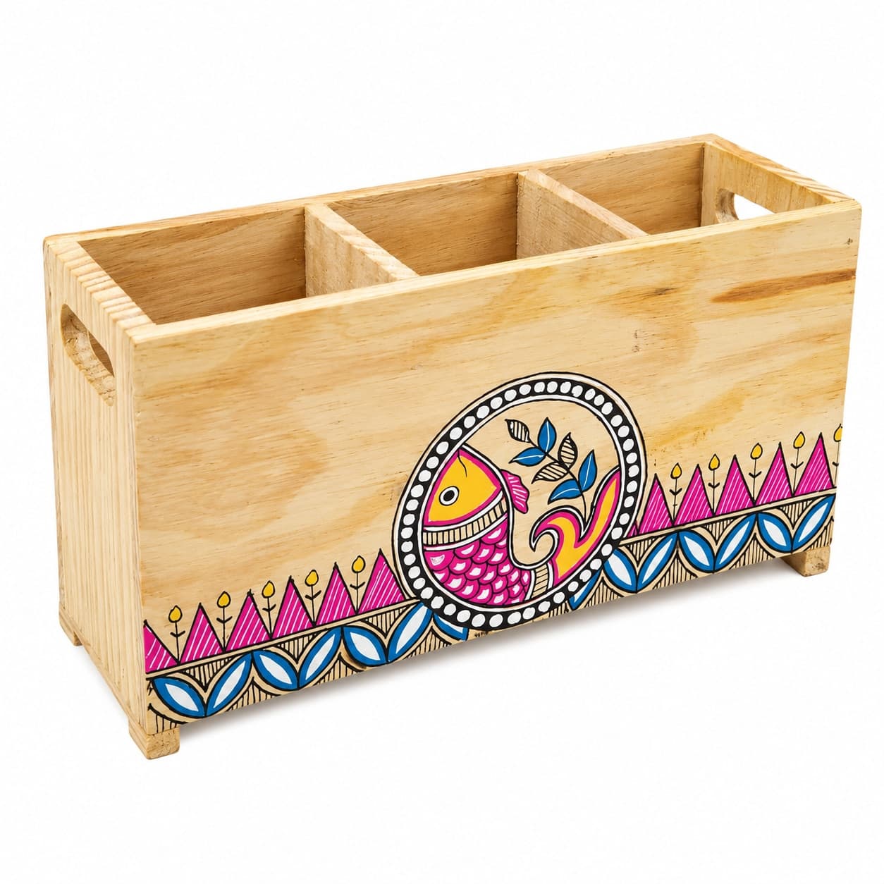 Aalokya Pine Wood Cutlery Holder With Hand-Painted Madhubani Fish Motif – 3 Compartment Organizer