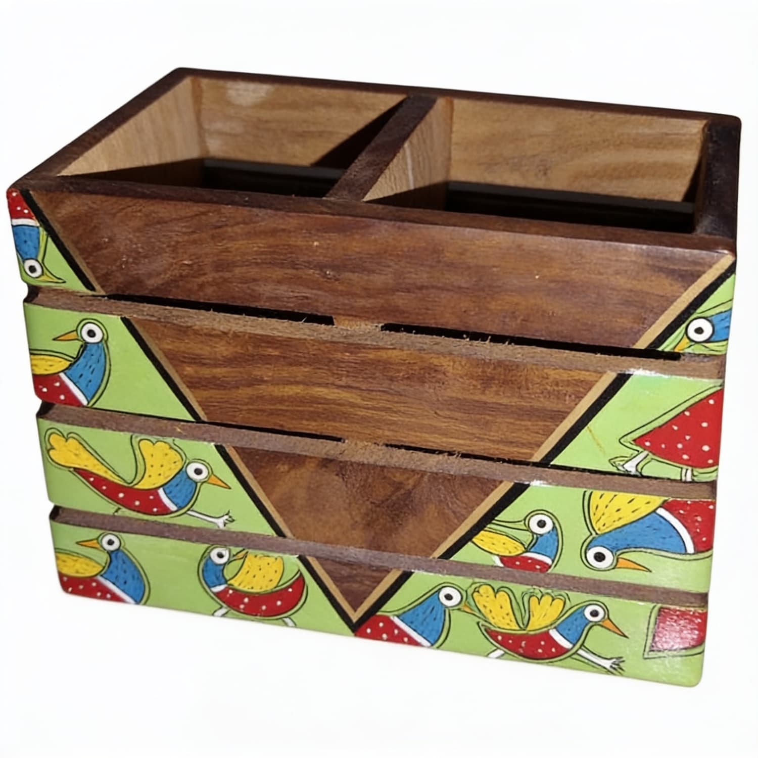 Aalokya Wooden Cutlery Holder With Hand-Painted Green Madhubani Bird Motif – 2 Compartment Organizer