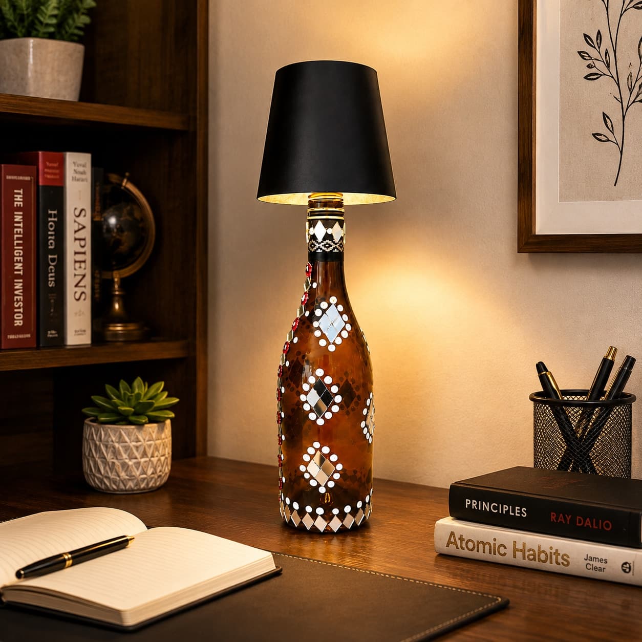 "Mirrorglow" Upcycled Glass Bottle Table Lamp – Rajasthani Mirror Mosaic Work  With Wireless Led Shade