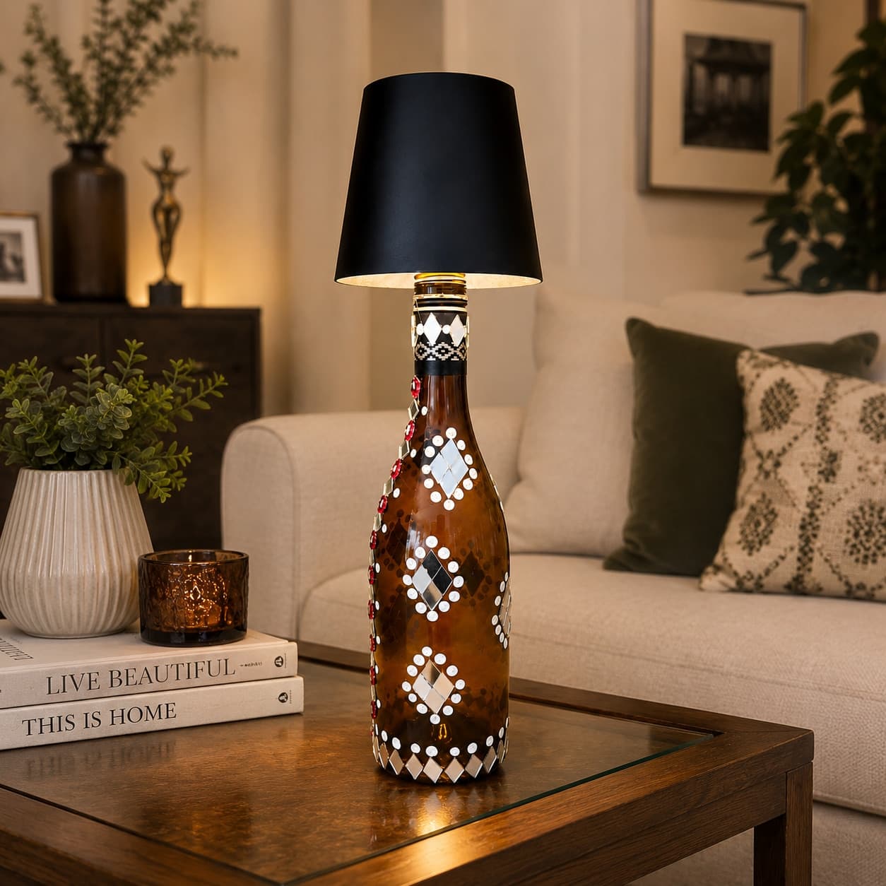 "Mirrorglow" Upcycled Glass Bottle Table Lamp – Rajasthani Mirror Mosaic Work  With Wireless Led Shade