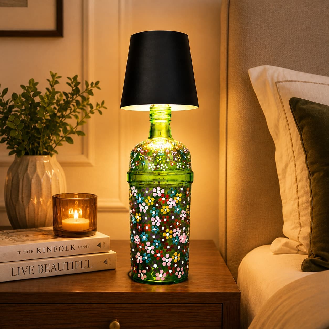 Bloomvale Hand-Painted Dot Art Bottle Lamp – Floral Mandala Work With Black Shade