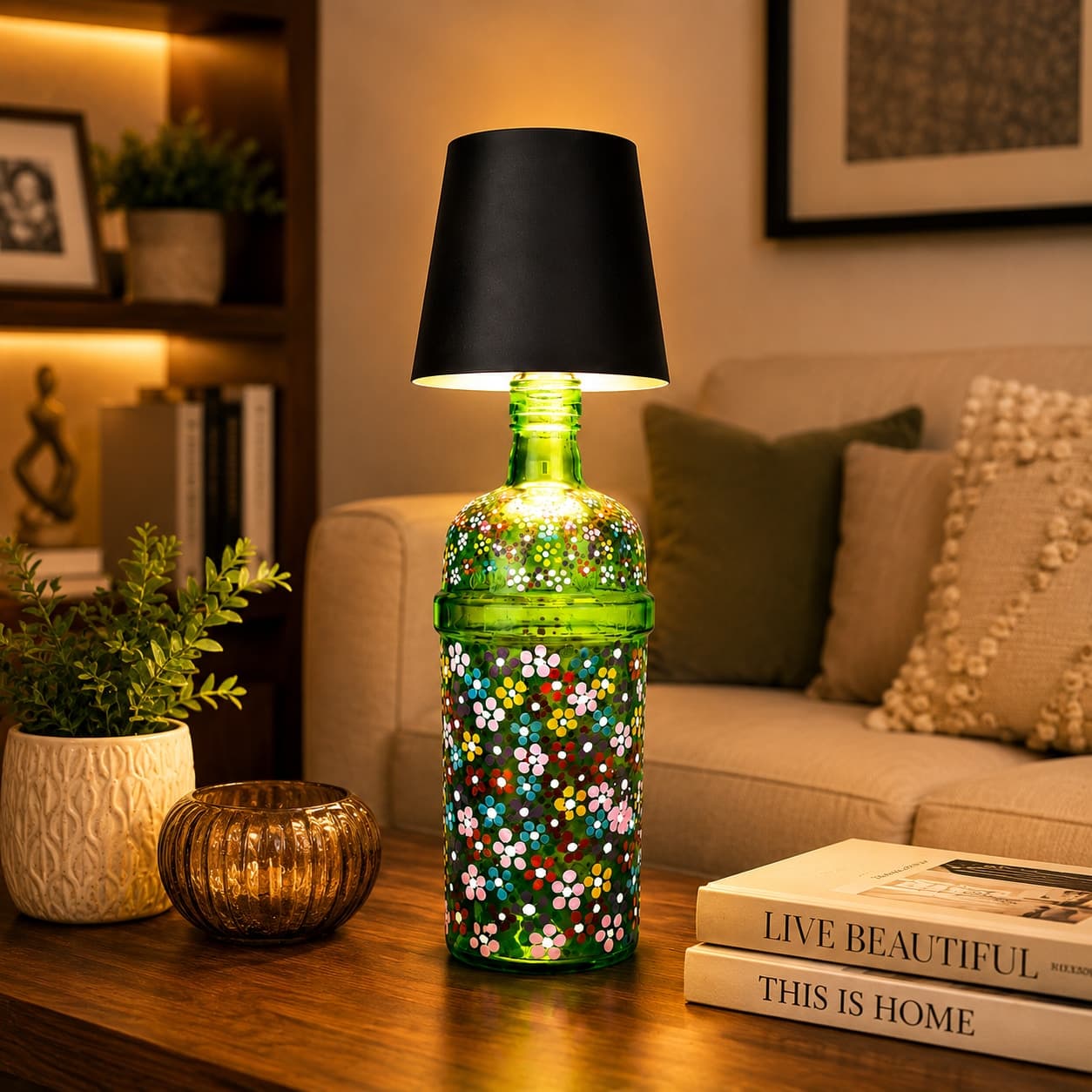 Bloomvale Hand-Painted Dot Art Bottle Lamp – Floral Mandala Work With Black Shade